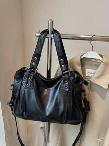 1 件复古大容量托特包，复古 PU 斜挎包，女士休闲手提包和钱包套装，学校、大学必备托特包，街头和日本女士包，新款时尚女士大包 - 黑色 - 查看 7