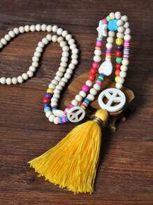 Dây chuyền dài tua rua nhiều màu sắc theo phong cách Boho với hạt gỗ thủ công, mặt dây chuyền hình trái tim và hòa bình, vòng tròn và chữ thập và ngôi sao màu ngọc lam, trang sức mùa xuân/hè cho tiệc lễ - Nhiều màu - Xem 14