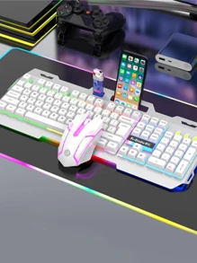 Cool Backlit Mechanical Keyboard & Mouse Set, Wired Gaming Keyboard And Mouse With Lighting Effect For Desktop Computer & Laptop - White Blue - View 3