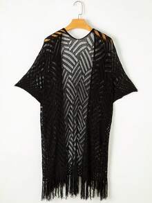 Acelitt 女式纯色简约休闲和服罩衫，带流苏装饰