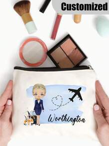 1 PC Fashionable Flight Attendant Personalized Cosmetic Bag - Polyester Makeup Pouch With Zipper, Machine Washable, Lightweight, Fade Resistant, Foldable, And Fixed Shoulder Strap For Customizable Travel Toiletry Organization And Easy Carrying - Beige - View 3