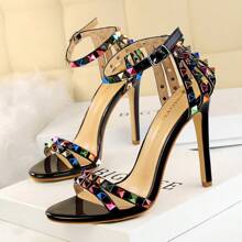 Sandalias gladiador sexy - Remaches metálicos y deslumbrante tacón de 12 cm (Edición de pasarela) - Negro - Ver 2