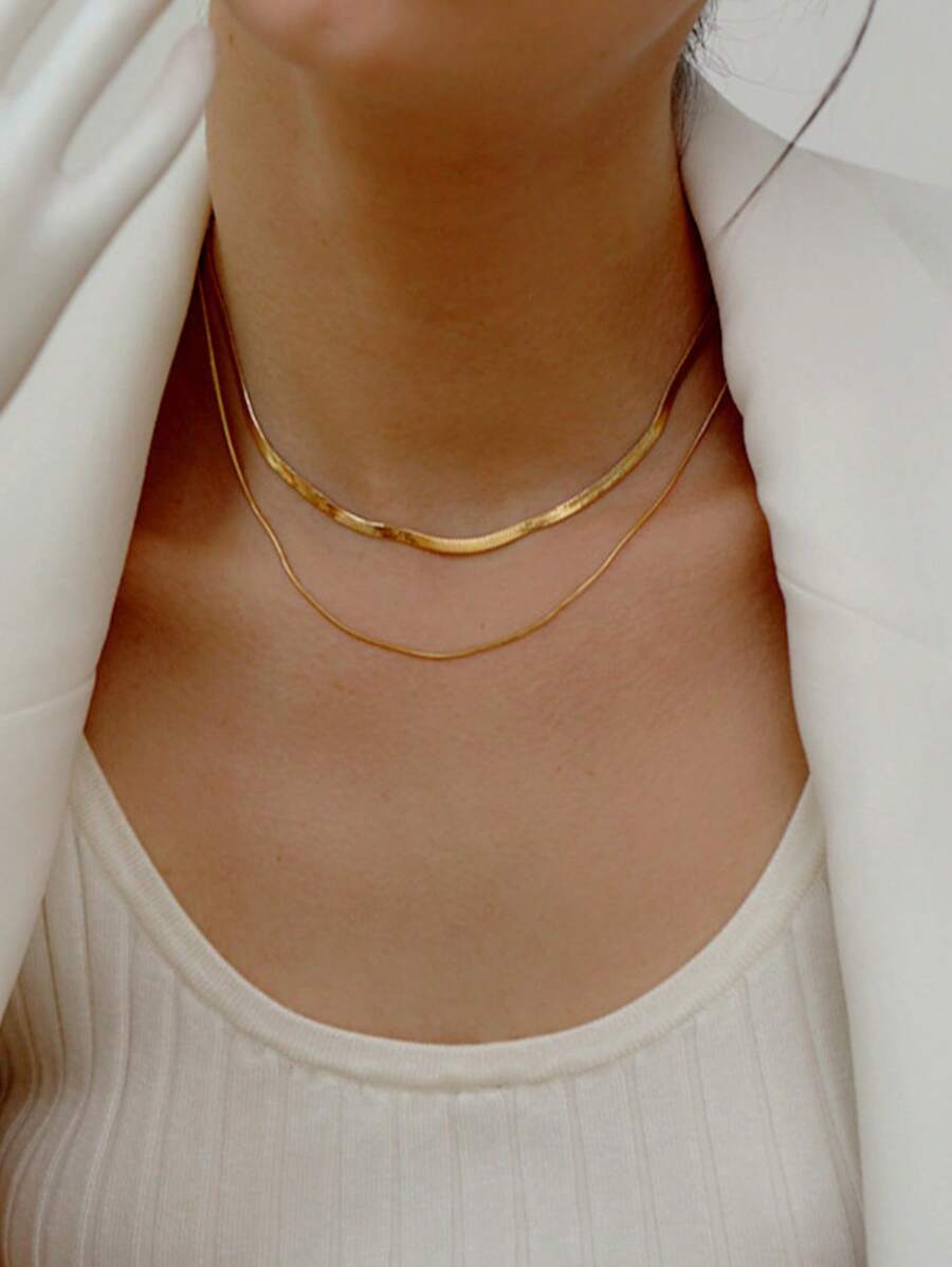 Stainless Steel Waterproof Non-Fading Gold Color Double-Layer Necklace, Round & Flat Snake Bone Chain, Suitable For Women's Daily Wear