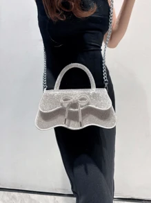 Shiny Rhinestone Solid Color Bow Evening Bag, Women's Rhinestone Handbag Metal Chain Crossbody Party Bag, Suitable For Party Dress, Y2K, Wedding, Holiday, Party, Dance, For Gift Giving - Silver - View 7