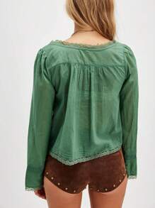 Women Y2k Bow Tie Front Top Y2k Coquette Long Sleeve Lace Trim Button Up Chiffon Blouses Cardigan Loose Fit Flowy Boho Peplum Shirt Going Out Tops Summer Beach Vacation Clothes 100% Cotton Casual Streetwear - Dark Green - View 3