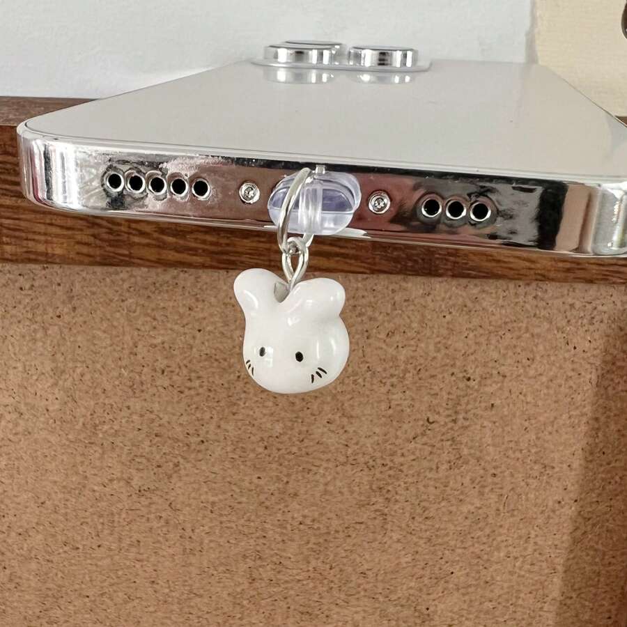 Spring New Cute White Ceramic Rabbit Charging Port Dust Plug Compatible With Iphone, TYPE-C, Android Mobile Phones - White Ceramic Rabbit Dust Plug - View 1
