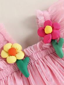 Vestido de niña pequeña con decoración de flores, manga de vuelo, vestido de princesa informal de capa de tul para verano - Rosa - Ver 8
