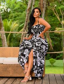 Women's Loose Printed Dress With Adjustable Straps Black/White