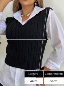V-Neck Braided Knit Sweater Vest - 乾枯玫瑰色 - 查看 7
