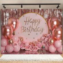 1pc Metallic Pink & Gold Happy Birthday Backdrop - Polyester Party Flag, Indoor/Outdoor Decoration, Glitter Cake Table Banner, Photo Booth, Party Supplies, Home Decor
