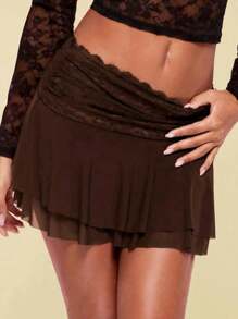 Gothic - Inspired Brown Lace Crop Top  Ruffled Skirt Set - Brown - View 3