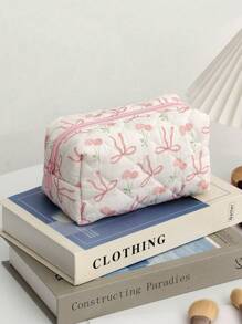 1 件带拉链的蝴蝶结图案化妆包旅行洗漱用品收纳袋洗漱包拉链化妆包大容量绗缝花卉洗漱包心形化妆刷收纳袋柔软蝴蝶结和玫瑰化妆品收纳袋通勤化妆包适用于圣诞节礼物、妈妈礼物、母亲节礼物、伴娘礼物，
