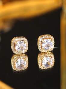 1 Pair Square Gold Zirconia Stud Earrings, Suitable For Women And Girls, Can Be Used As Wedding Or Date Gifts - Gold - View 7