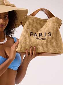 Straw Bag Seaside Holiday Beach Bag Female Letter Embroidery Large Capacity Tote Bag Summer Shoulder Crossbody Bag