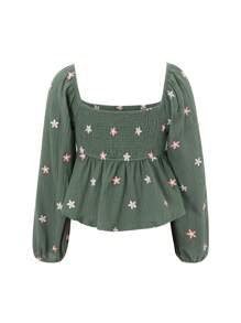 Women Floral Embroidered Blouses Long Balloon Sleeve Smocked Square Neck Vintage Casual Fall Tops - Màu xanh lá cây đậm - Xem 5