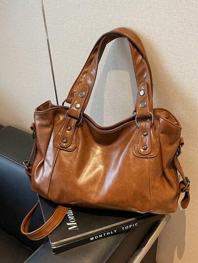 1pc Vintage Large Capacity Handbag, Retro PU Shoulder Crossbody Bag, Women Casual Tote Bag And Wallet, New Arrival Tote Bags For Woman