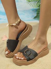 女士时尚拖鞋，休闲防滑沙滩夏季凉鞋，平底户外一脚蹬凉鞋，舒适软底皮革休闲拖鞋