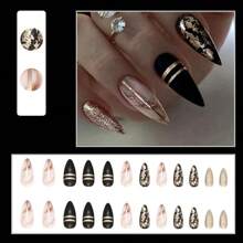 Gold Sequins False Nails Set, Noble, Sweet And Cool Design, High Quality, 24 Pieces, Exquisite Style, Easy To Apply, Sturdy And Durable, Very Suitable For Special Occasions And Daily Use