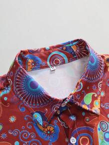 Men's Spring/Summer Geometric Print Short Sleeve Casual Shirt - Red - View 3