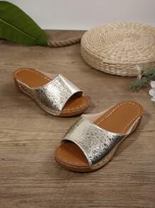 女士休闲坡跟圆头厚底舒适轻便拖鞋，宽版，加大码，金色，适合夏季日常穿着