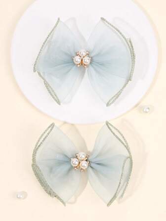 2个蓝色网纱发夹，优雅珍珠蝴蝶结鳄鱼夹，纯色透明发夹，婚礼派对发夹，女孩蝴蝶结发夹，儿童发饰