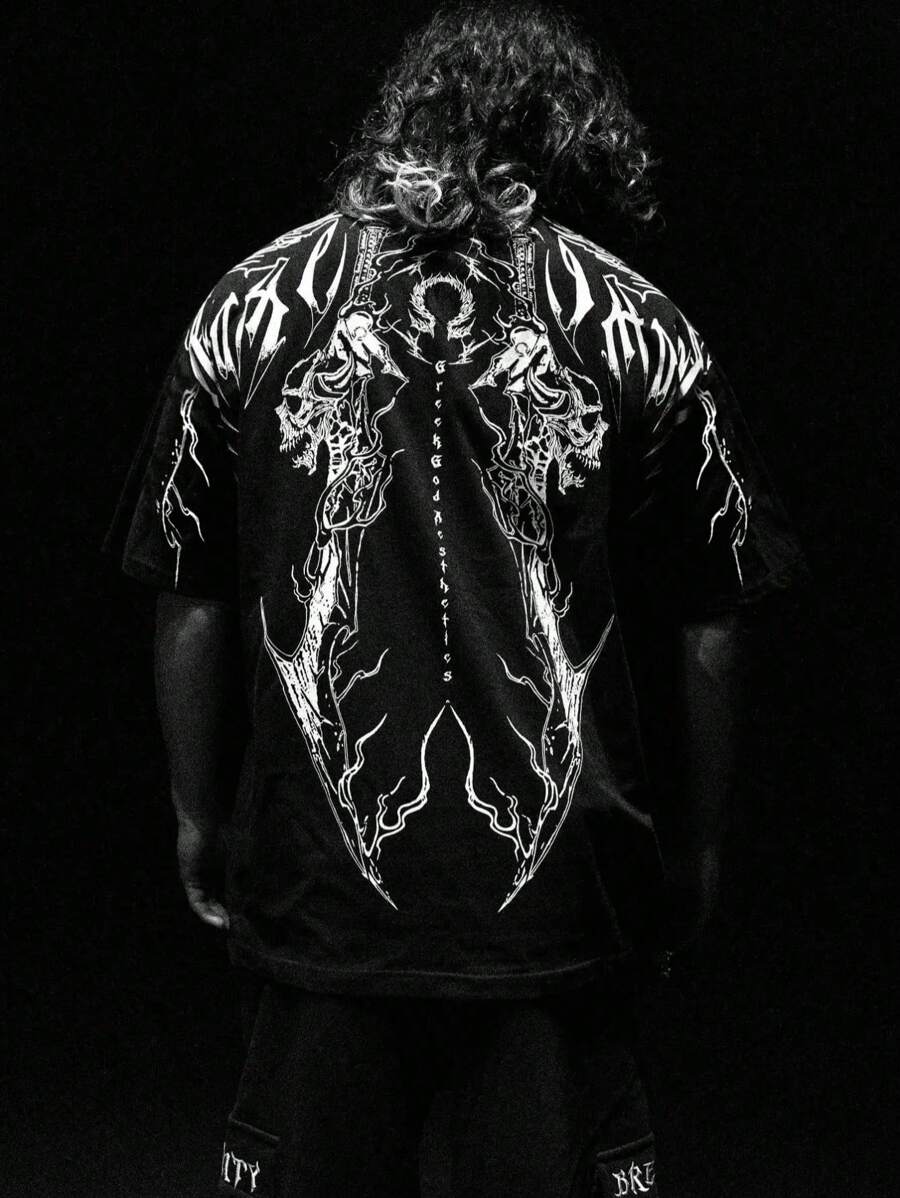 Men's Summer Casual Skull & Letter Print Round Neck Short Sleeve T-Shirt, Polyester Fabric Suitable For Sports & Fitness - 黑色 - 查看 1