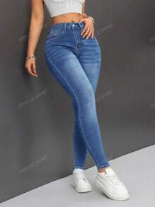 Jeans Mujer De Mezclilla Jeans ajustados de cintura alta para mujer, mezclilla elástica, estilo casual, azul clásico, pantalón largo, ropa de uso diario a la moda Vaqueros Ajustados De Cintura Alta Lavados