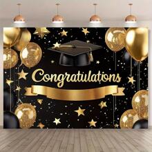 1 PC, Polyester Fiber Graduation Party Banner, Black And Gold Congratulatory Background Board, Multifunctional Room And Entrance Decoration, No Electricity Required, Suitable For All Seasons
