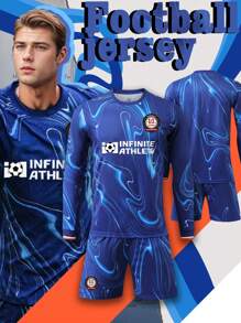 Conjunto de jersey y pantalones cortos de manga larga del Equipo de Fútbol de hombre inspirado en el Chelsea 2024-2025, estilo de diseño local - Azul - Ver 1