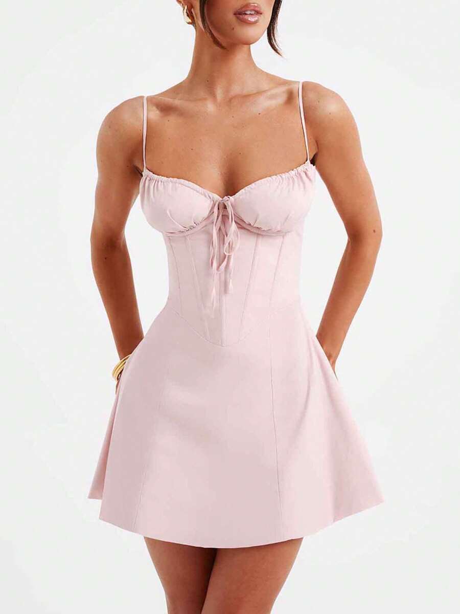 Women Summer Mini Cami Dress Solid Color Sleeveless Tie Up Above Knee Party Dress