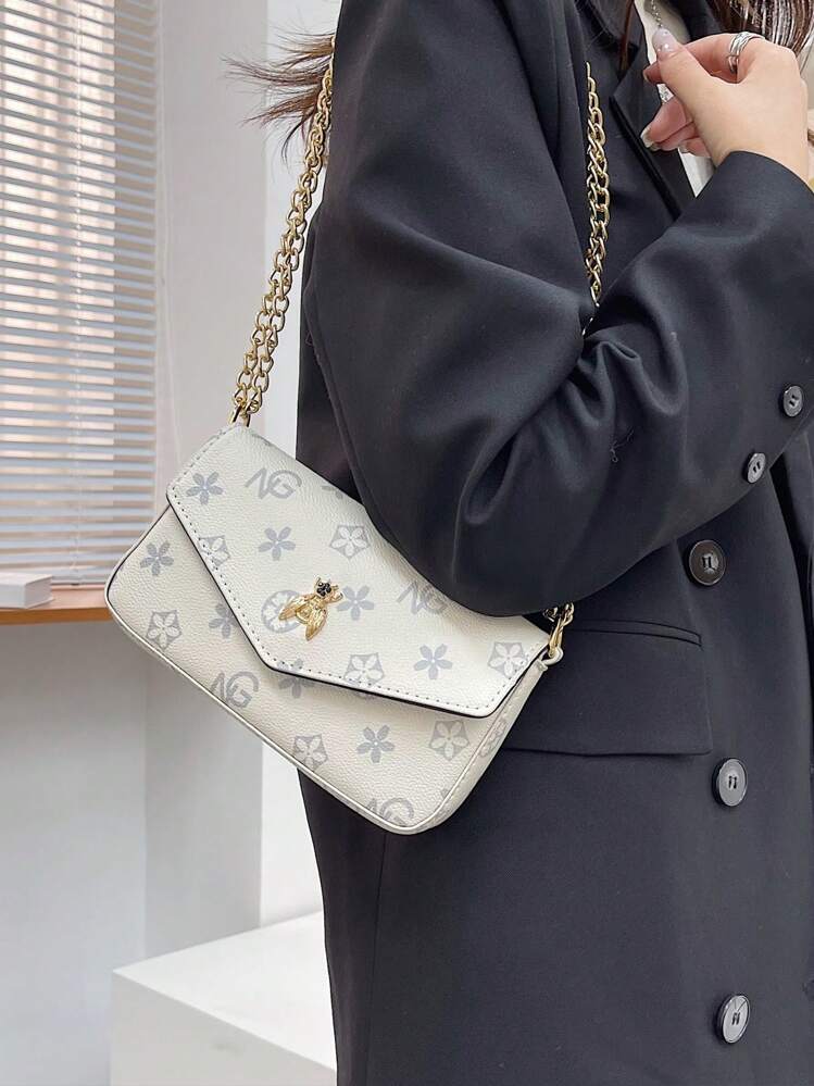 Bolso bandolera de metal con correa de cadena, minimalista y versátil de estilo vintage - Blanco - Añade 3