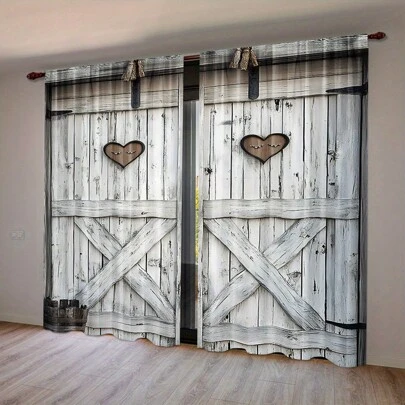 2pcs Retro Wooden Barn Door Graphic Digital Print Sheer Curtains, Lightweight Polyester Fabric, Suitable For Living Room, Wardrobe, Kitchen, Bedroom, Study, Bathroom, Hotel, Dining Room, Entryway, Home Decor