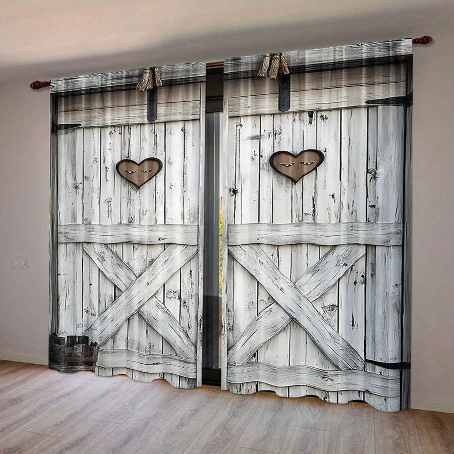 2pcs Retro Wooden Barn Door Graphic Digital Print Sheer Curtains, Lightweight Polyester Fabric, Suitable For Living Room, Wardrobe, Kitchen, Bedroom, Study, Bathroom, Hotel, Dining Room, Entryway, Home Decor - Multicolor - View 1