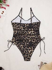 2026新款女士时尚性感连体泳衣，豹纹印花，细肩带，侧系带设计，适合夏季度假和海滩度假。