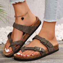 Women's Comfortable Summer Beach Sandals Cork Footbed Sandal With Adjustable Buckle - retro grey - View 1