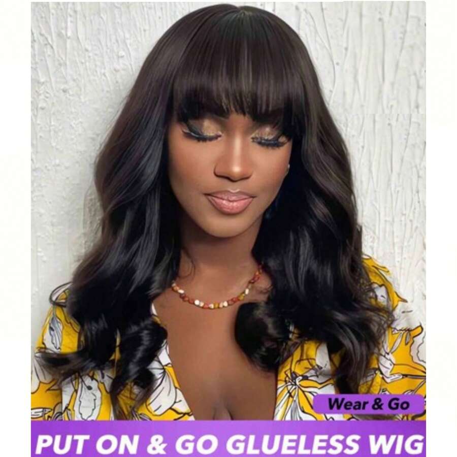 Human Hair Wigs With Bangs  Body Wave Human Hair Wig For Women Full Machine Made No Shedding No Tangle Can Be Any Style For Use 200% Density Glueless Brazilian Virgin Hair Natural Color - Natural Black - 查看 1
