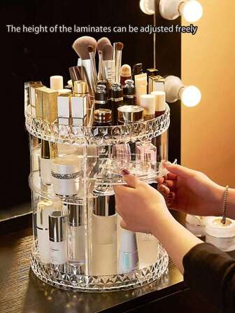 1pc 360 Degree Rotating Makeup Organizer, Transparent Makeup Display Stand, Large Capacity Dresser Storage Rack , For Lipsticks, Brushes, Creams, Eyeshadows, Nail Polishes And Jewelry, Cosmetic Storage Box For Desk, Bathroom, Dresser-Transparent