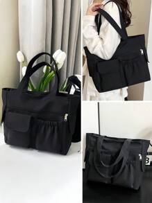 女士纯色多功能托特包，简约多口袋大容量腋下包，适合学生，新设计休闲旅行度假购物手提包和单肩包，商务通勤日常外出电脑包学校书包，返校包，防水，适合少女女大学生，非常适合返校、开学第一天、初中、高中