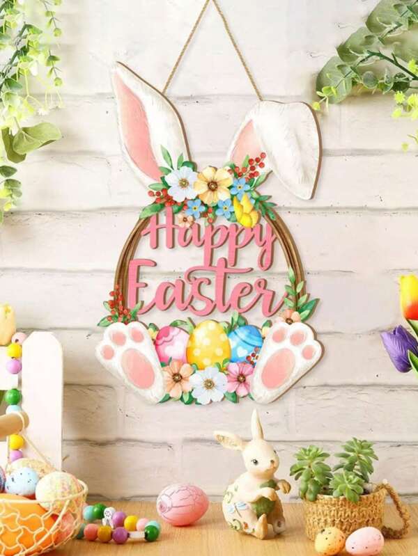 1 pieza Cartel de madera de Feliz Pascua con decoración floral, para colgar en la pared