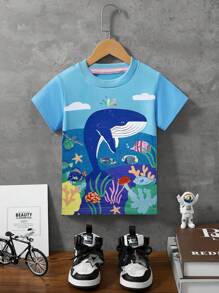 小男孩卡通鯨魚印花透氣夏季休閒短袖T恤