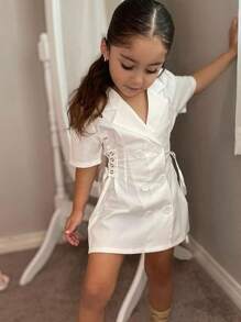 Vestido de moda de verano para niñas, vestido con cuello vuelto, manga corta, cierre de botones y cordón lateral - Blanco - Ver 1