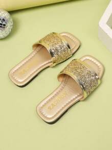 1双加大码金色亮片幼儿/女童时尚凉拖鞋，露趾，平底，防滑，可爱罗马风格，适合3-15岁女孩，日常、休闲、旅行、春夏穿着 - 金色 - 查看 5