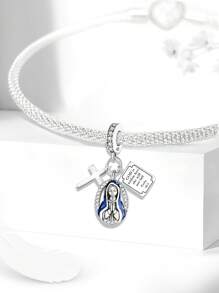 1颗925纯银玛丽十字架吊坠珠，适合女士手链、手镯DIY饰品制作及日常搭配，适合女孩佩戴