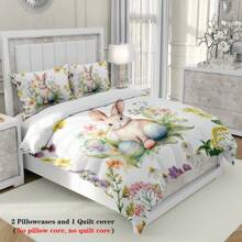 Juego de Edredón de 3 Piezas con Tema de Pascua con Estampados de Conejo, Floral y Huevos de Pascua (1 Edredón + 2 Fundas de Almohada; Sin Relleno), Un Juego de Ropa de Cama Suave y Cómodo Adecuado para Decorar Habitaciones de Hombres y Mujeres, Dormitorios y Hoteles de Negocios - KKL-SJT0408 - Ver 7