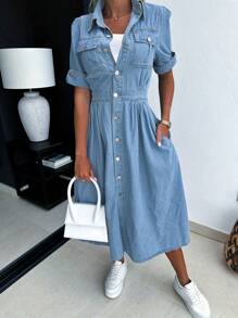Short-Sleeved Lapel Denim Dress, Single-Breasted Design With Flip Pocket, Slim And Elastic Version, Suitable For Everyday Women's Denim Clothing. - 藍色 - 查看 4