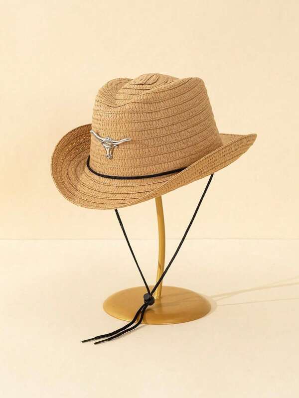 1pc Unisex Children Ox Decor Western Cowboy Style Khaki Panama Straw Hat, Simple American Style With Wind Rope, Suitable For Summer Outdoor, Beach Vacation, Sun Protection, Children's Day Gift