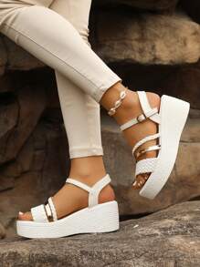 女士大码时尚编织带搭扣露趾休闲防滑厚底坡跟凉鞋，舒适百搭，适合夏季搭配裤装和裙装，旅行必备 - 白色 - 查看 7