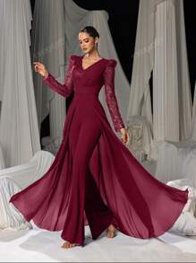 Faeriesty Stunning Long-Sleeve Evening Jumpsuit With Chiffon Overlay & Shimmering Sequin - Elegant Flowing Silhouette For Luxury Banquets, Red Carpet Galas, Weddings & Formal Evening Events
