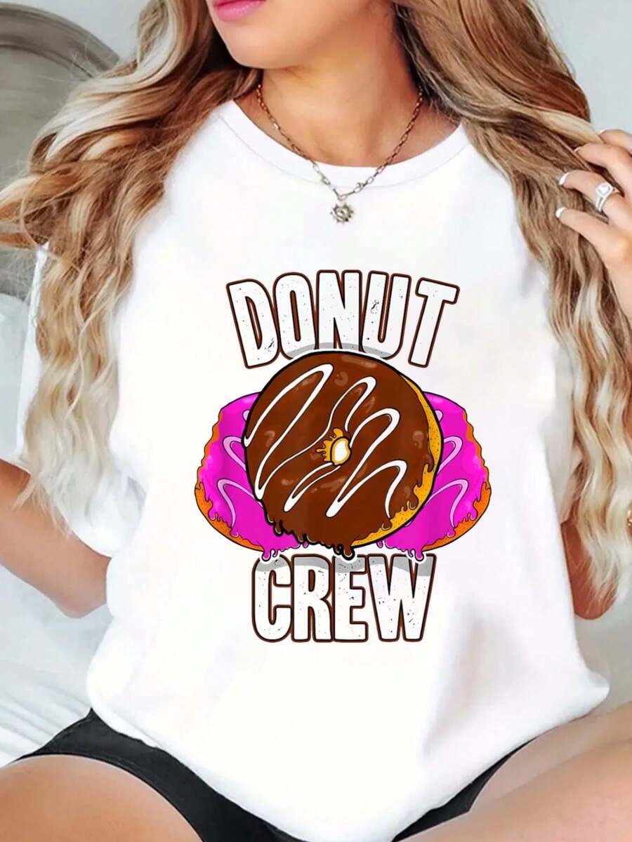 Funny Doughnut Lover Donut Crew Happy Donut Day T-Shirt Print Crew Neck T-Shirt For Summer, Women's Soft Short Sleeve Top, Stylish Comfy Tee For Women Graphic Tees - White - View 1