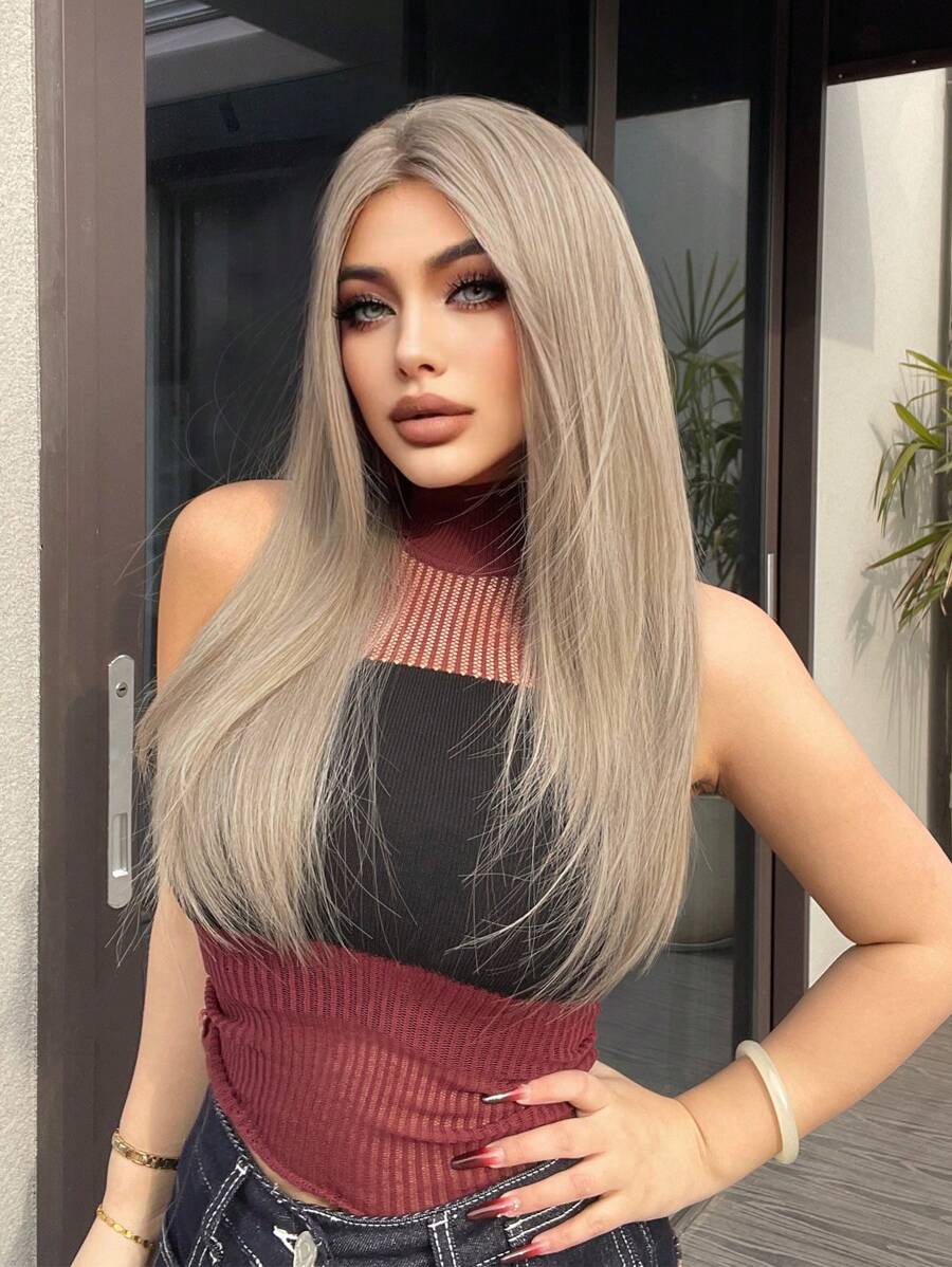 前额蕾丝 4*1，1 片合成耐热直发无刘海亚麻米灰色 26 英寸全编织日常自然逼真假发 - 米色 - 查看 1